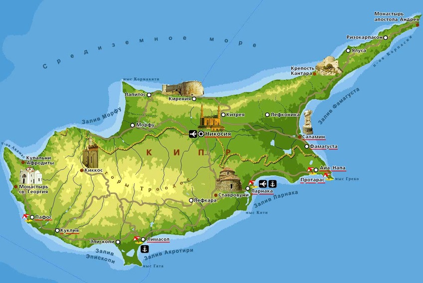 Карта Кипра: города и курорты Кипра